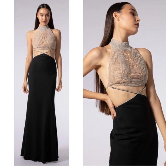 Sau Lee Zara Crystal Embellished Halter Neck Two Piece Maxi Dress Set Size 8 - Picture 2 of 9